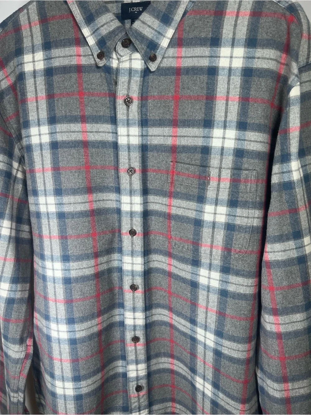 J. Crew Men's Gray Plaid Button-Up 100% Cotton Shirt with Brown Elbow Patches XL